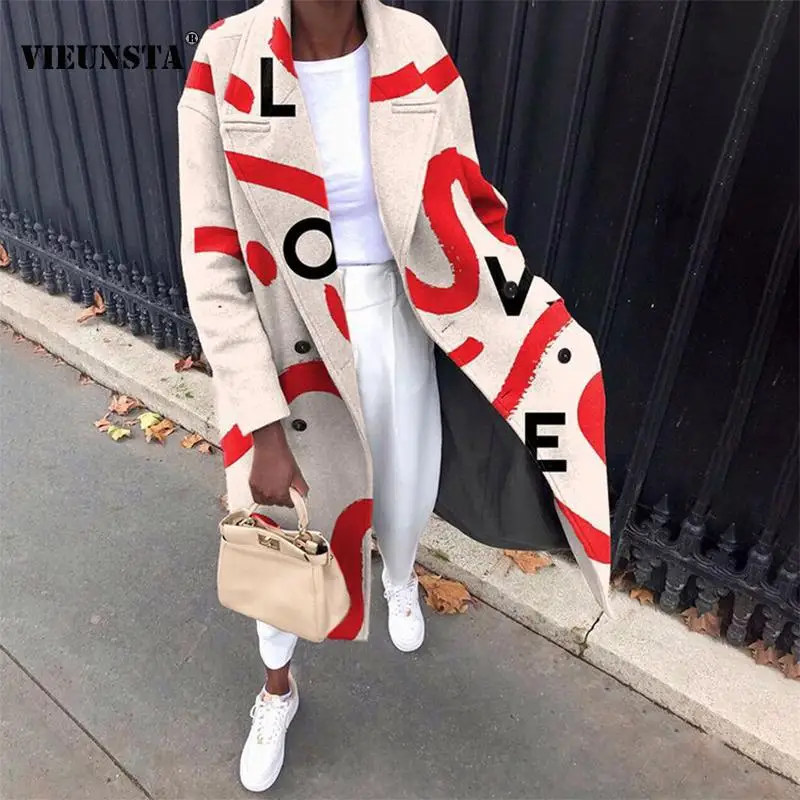

Autumn Letter Printing Wool Overcoat Women Elegant Turn-down Collar Loose Long Cardigan Top Winter Double Breasted Button Jacket