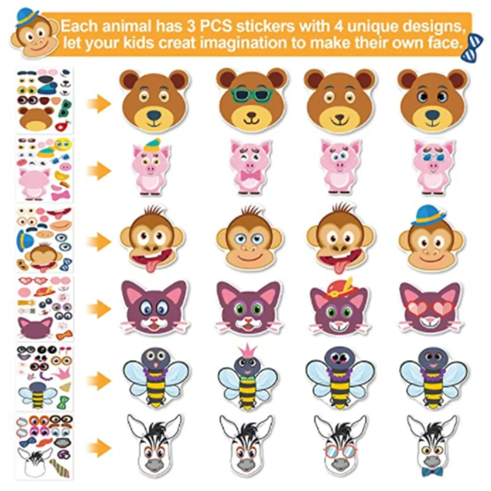 Hojas adhesivas de 12 animales para ni&ntilde;os, l&aacute;minas de pegatinas para hacer una cara DIY, para regalo de Festival, recompensa, cumplea&ntilde;os, recuerdos de fiesta, 36 piezas-5