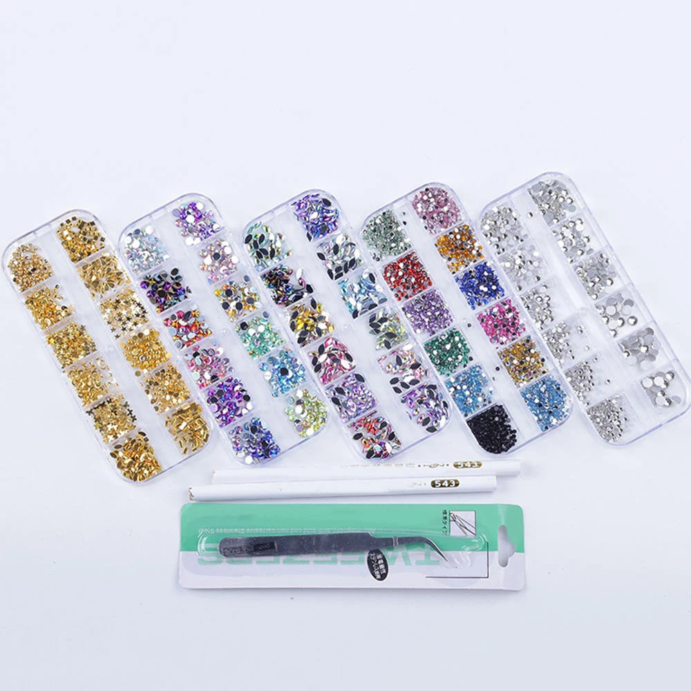 

8 Grids/set nail glitter rhinestones silver flat bottom drill diamond for UV nail polish Nail drill *5 boxes mixed size rainbow