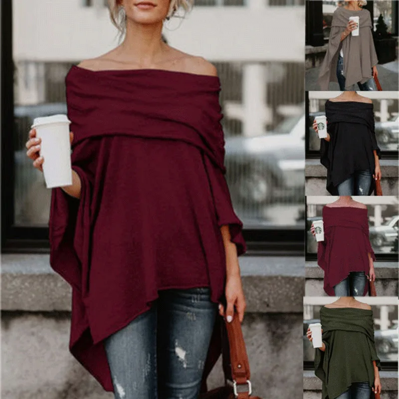 Женский вязаный с открытыми плечами свитер рукавом летучая мышь свободный