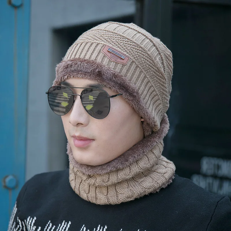Coral Fleece Winter Beanies Hats Scarf For Mens Soft Warm Breathable Wool Knitted Winter Hat Letter Double Layers Cap