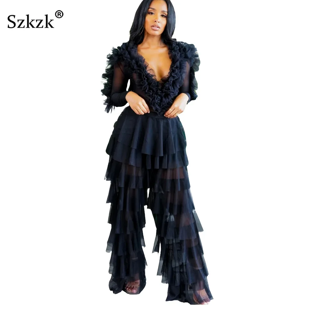 

Szkzk Mesh Sheer Ruffle Two Piece Set V Neck Long Sleeve Bodysuit and Long Pants for Women Sexy Night Club See Through Outfits