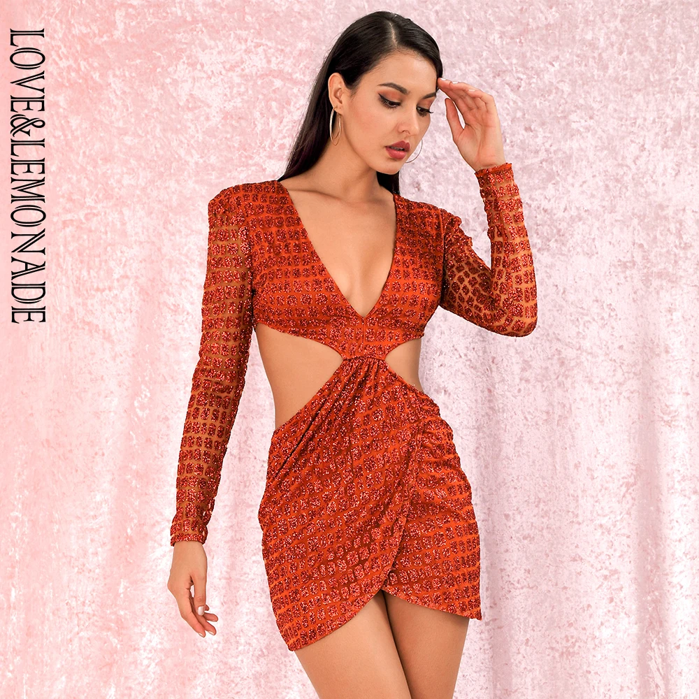 LOVE&LEMONADE Сексуальный оранжевый Глубокий v-образный вырез с открытой спиной Крест Блестящий склеенный материал зауженный крой, для вечеринки платье LM82065-2