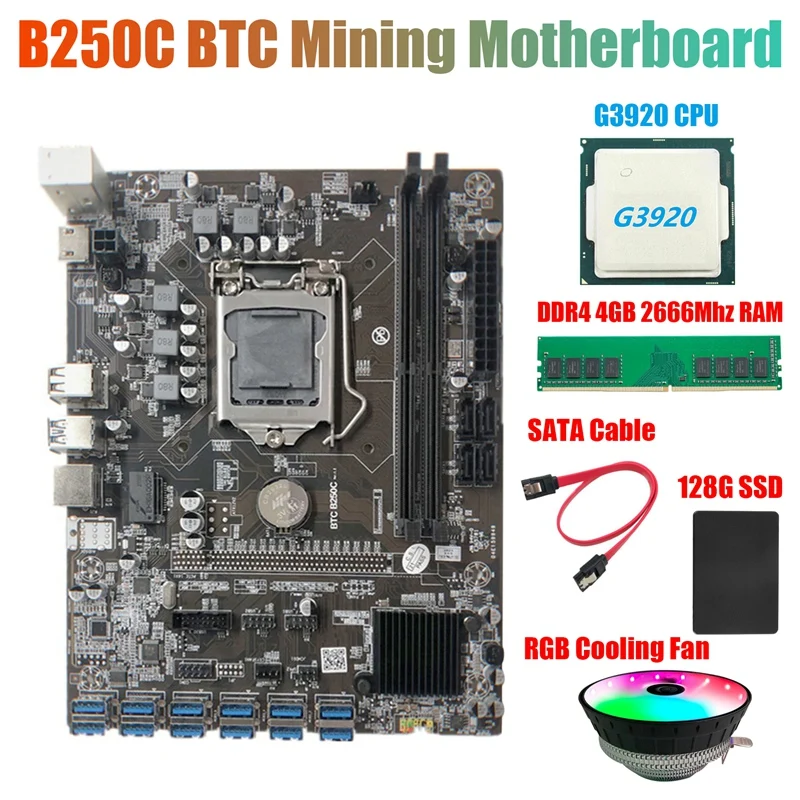 

Материнская плата B250C BTC Miner + ЦП G3920 + вентилятор RGB + DDR4 4 Гб 2666 МГц ОЗУ + 128G SSD + кабель SATA 12XPCIE к USB3.0 GPU слоту для карты