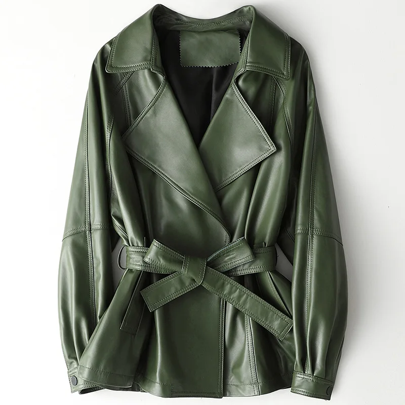 

Women Spring Autumn Real Sheepskin Jackets With Belt Celebrity Luxury Genuine Leather Lapel Collar Motor Biker Jacket Coat