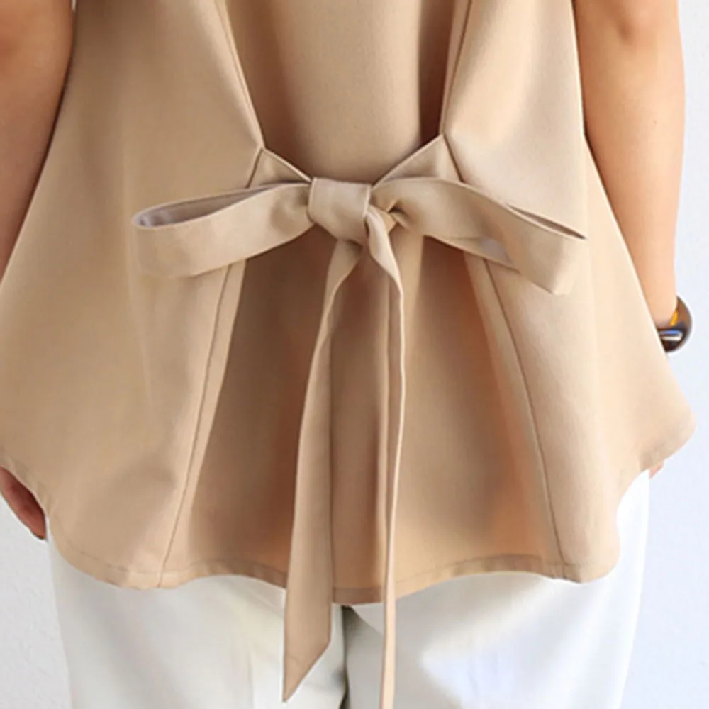 

Women Blouse 2021 Hot Female Tops Crisscross Back O Neck Solid Bow Shirt Japan Style Casual Loose Short Sleeve Shirts Summer