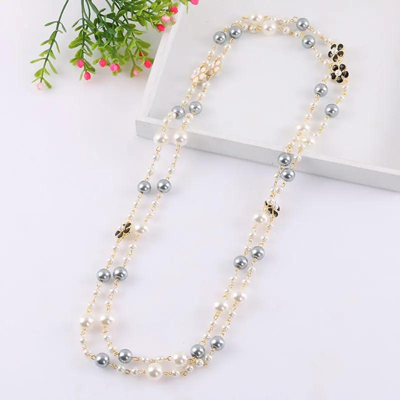 Цепочка-украшение Camellia Flowers Luxury Pearl Sweater Chain Jewelry Collier Femme Party pearl Long Necklace For Women