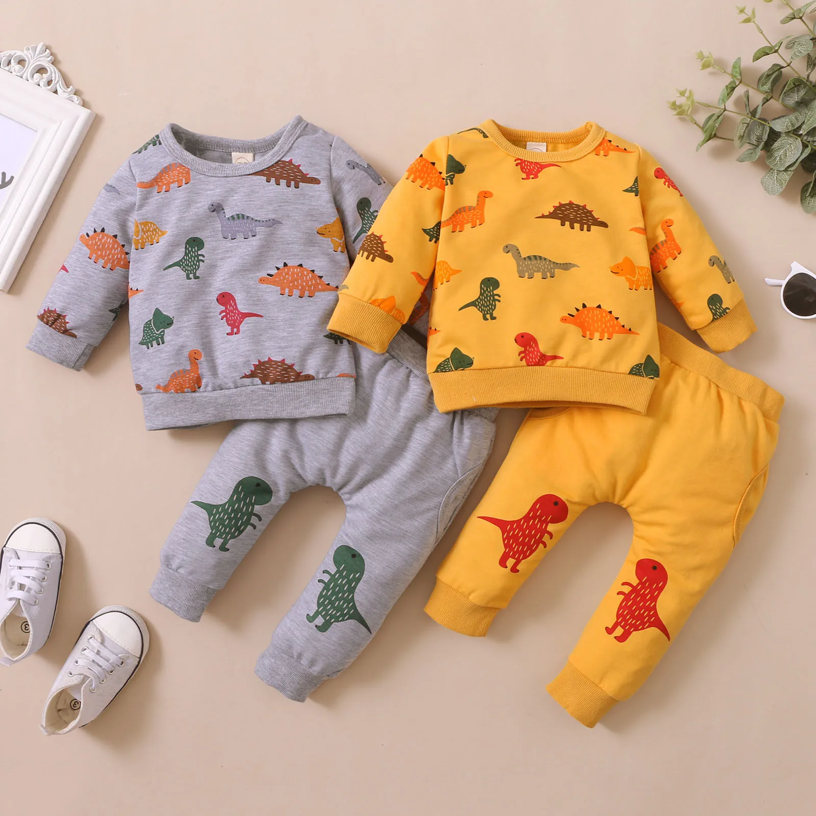 

Спортивный костюм для мальчиков 0-2 предметов, пуловер с принтом динозавра + штаны, одежда на весну и осень