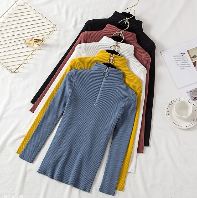 9 цветов Женская водолазка на молнии однотонная тонкая осенне зимняя одежда