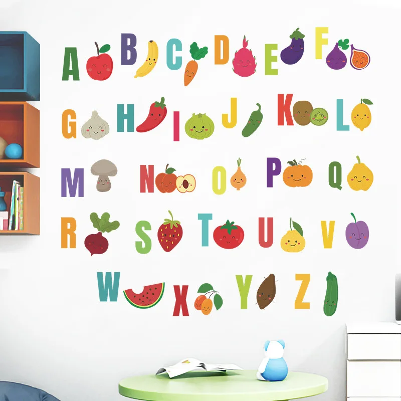 

26 Letters Alphabet Fruit and Vegetable Wall Stickers For Rooms For Kids Home Decoration Children Wall Decal Poster Mural