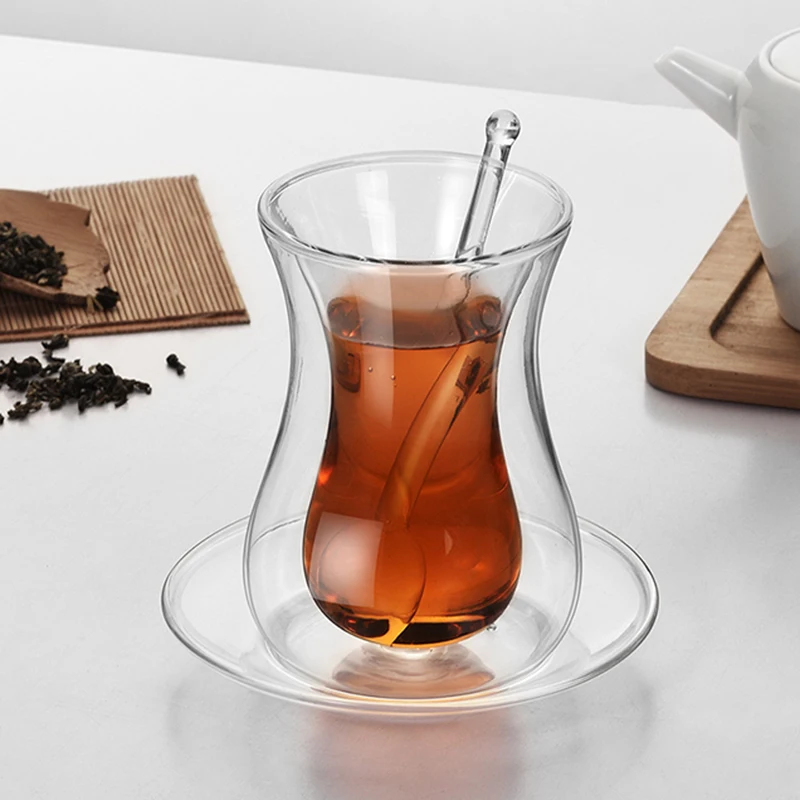 

Hot Double-Layer Glass Coffee Cup Set Insulation Transparent Black Tea Cup Household Tea Cup With Saucer With Glass Spoon