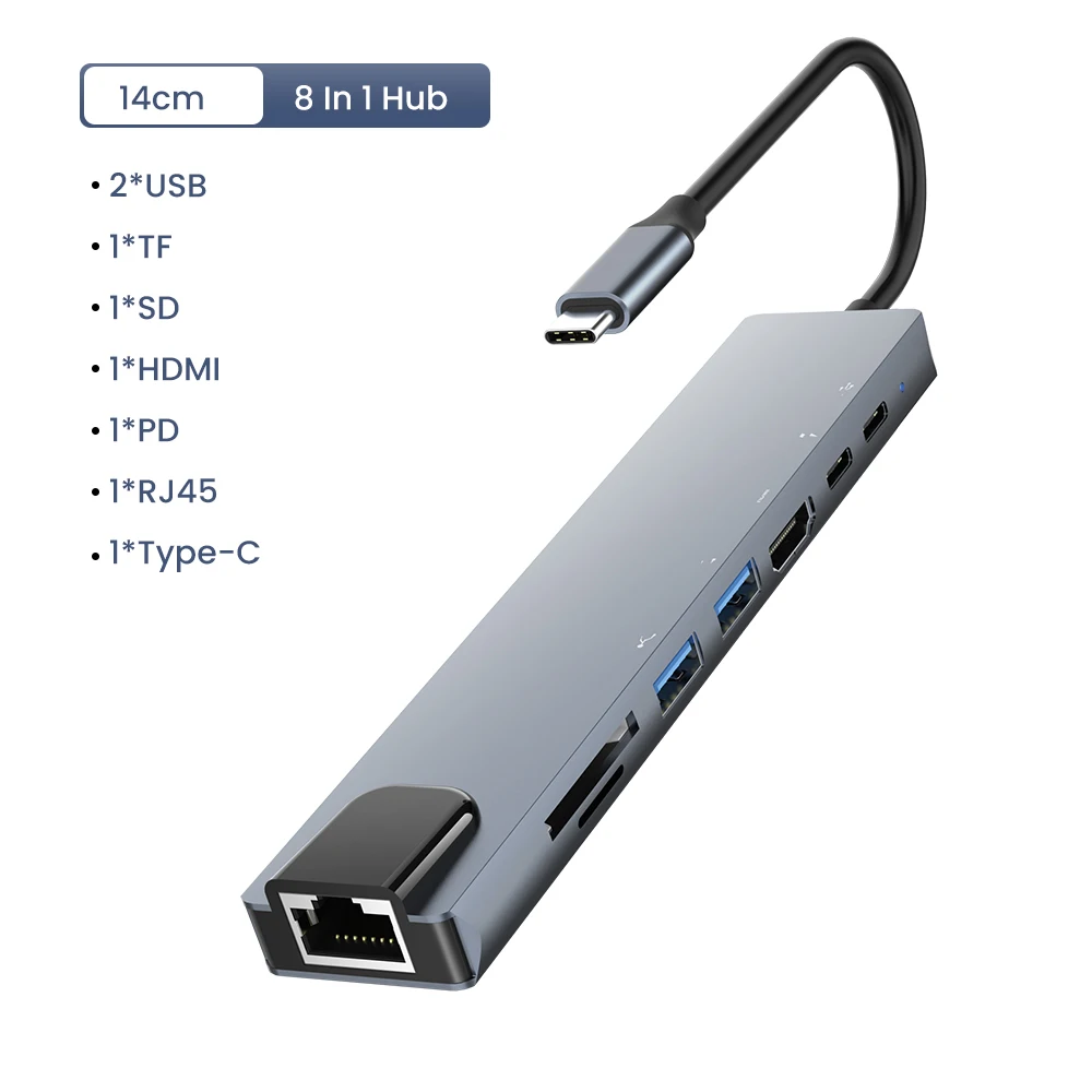 

8 In 1 Type-C HUB Multi Docking Station Hub USB 3.0 Type C To HDMI-Compatible HUB Suport SD/TF Card+PD For MacBook Converter