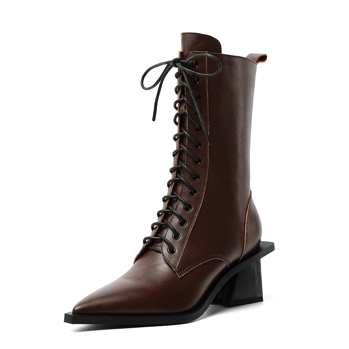 Женские ботильоны с острым носком Черные из натуральной кожи на квадратном