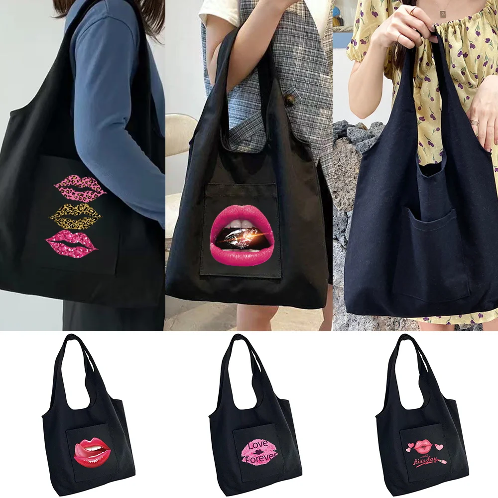 

Canvas Bag Women's Shoppers Shopping Bag Grocery Handbags Mouth Series Commuter Cloth Bag Portable One-shoulder Tote Bag
