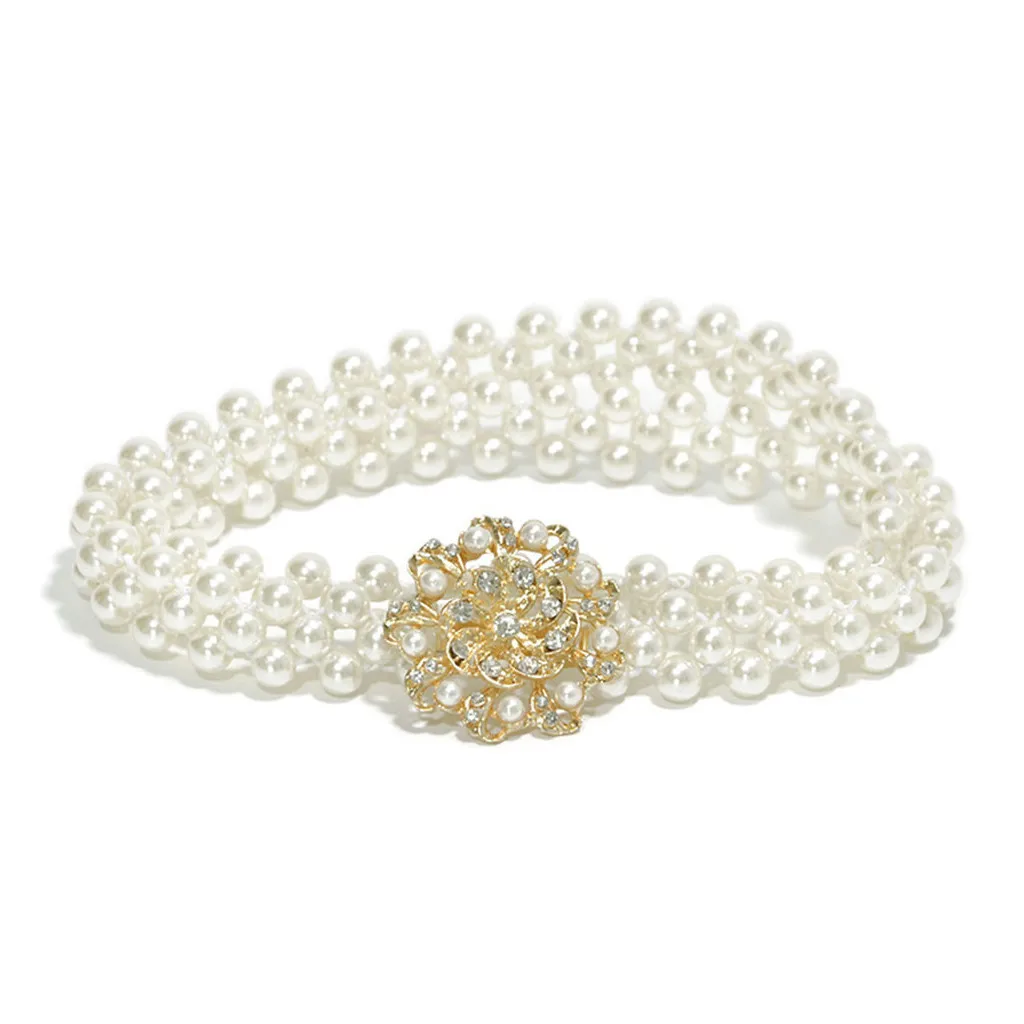 Элегантный женский пояс с жемчугом Стразы цветочной эластичной пряжкой цепочка
