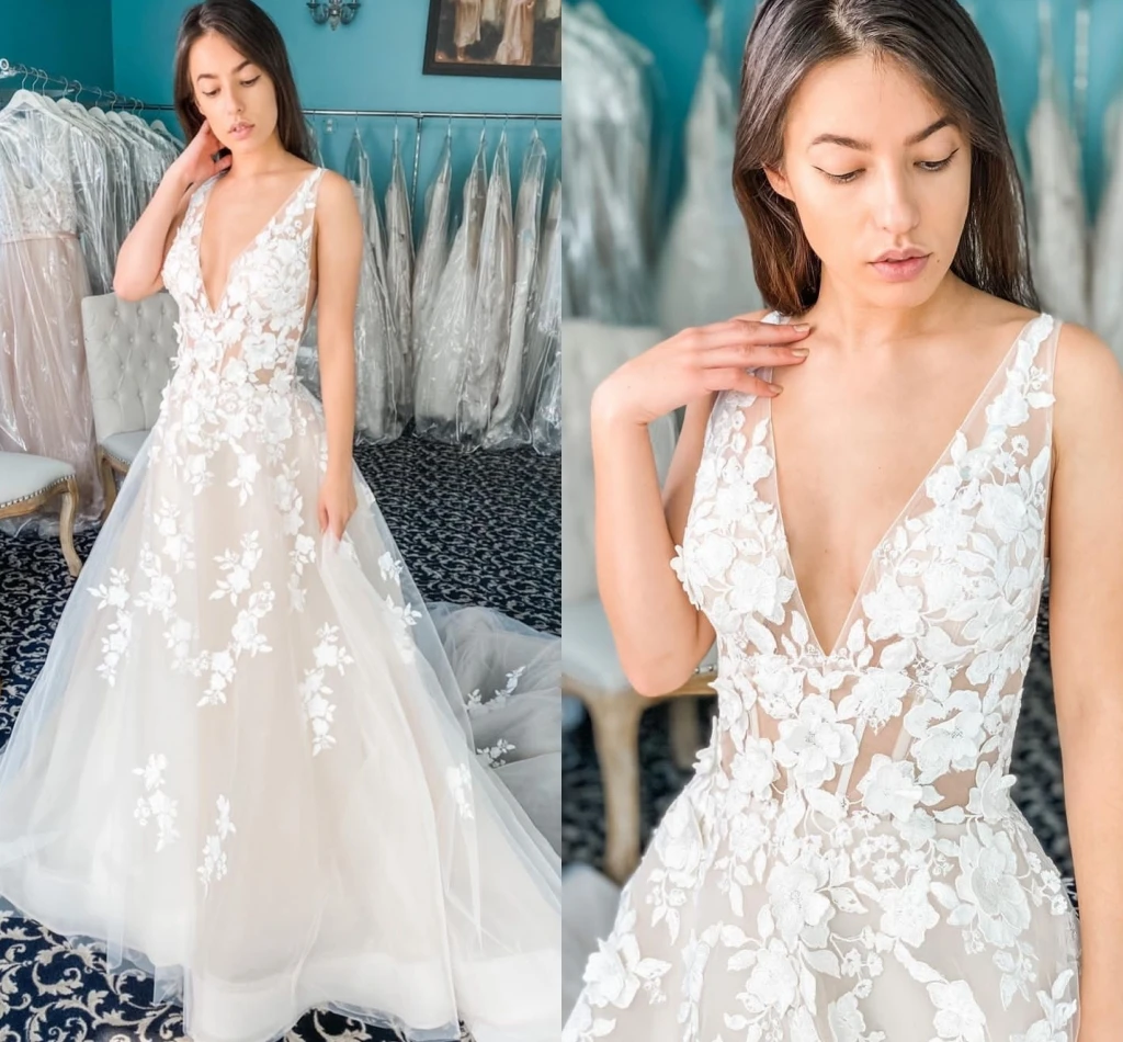 

Wedding Dress Boho Vintage Tank Sleeveless Sweep Train 3D Flowers A-line Charming Organza Tulle Stunning Robe De Mariee Women