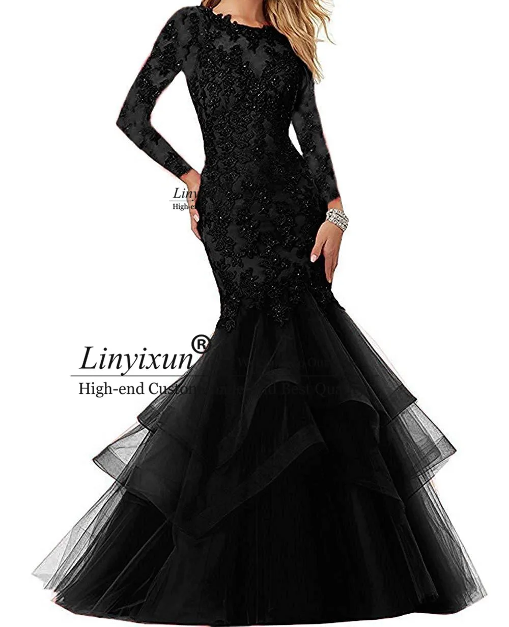 

Соблазнительные Черные платья для выпускного вечера с длинным рукавом глубоким круглым вырезом, вечернее платье-русалка, длинное вечернее ...