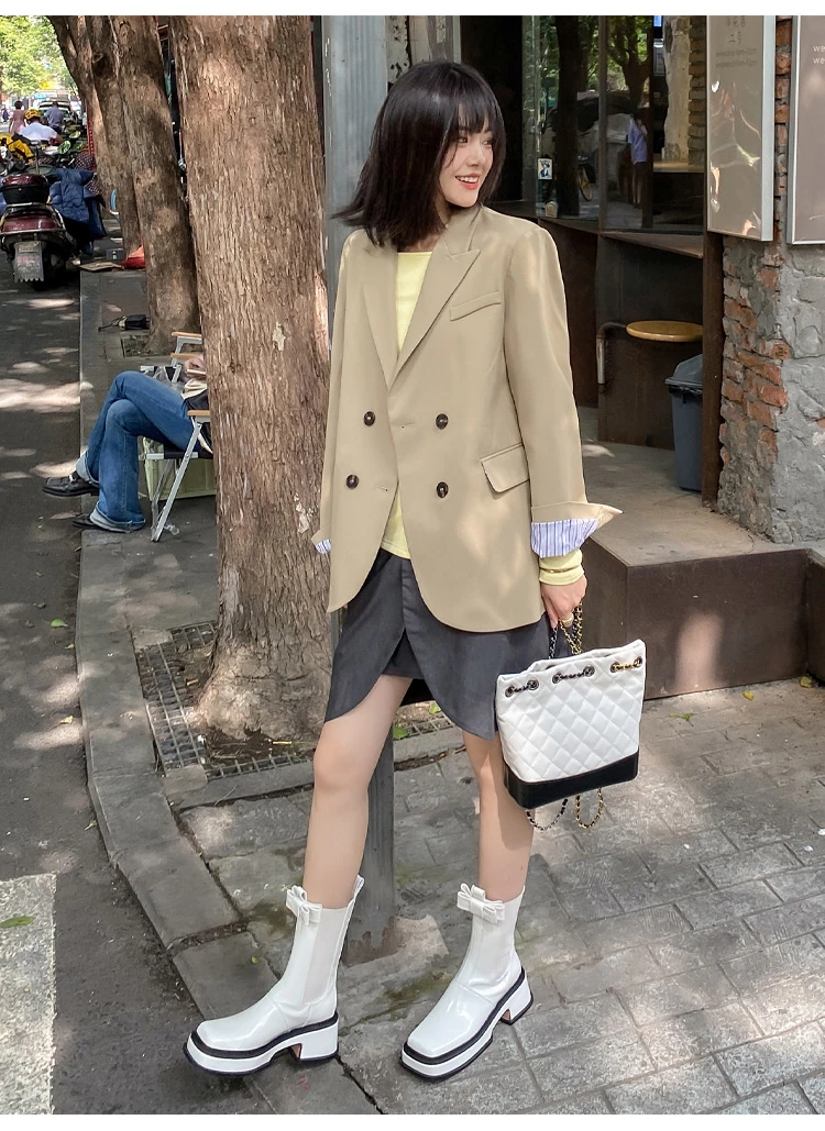 

Modern Boots Women Shoe Autumn Artificial Leather Round Toe Side Zipper Lace-Up Mid-Calf Goth Boots Platform Kawaii Botas Mujer