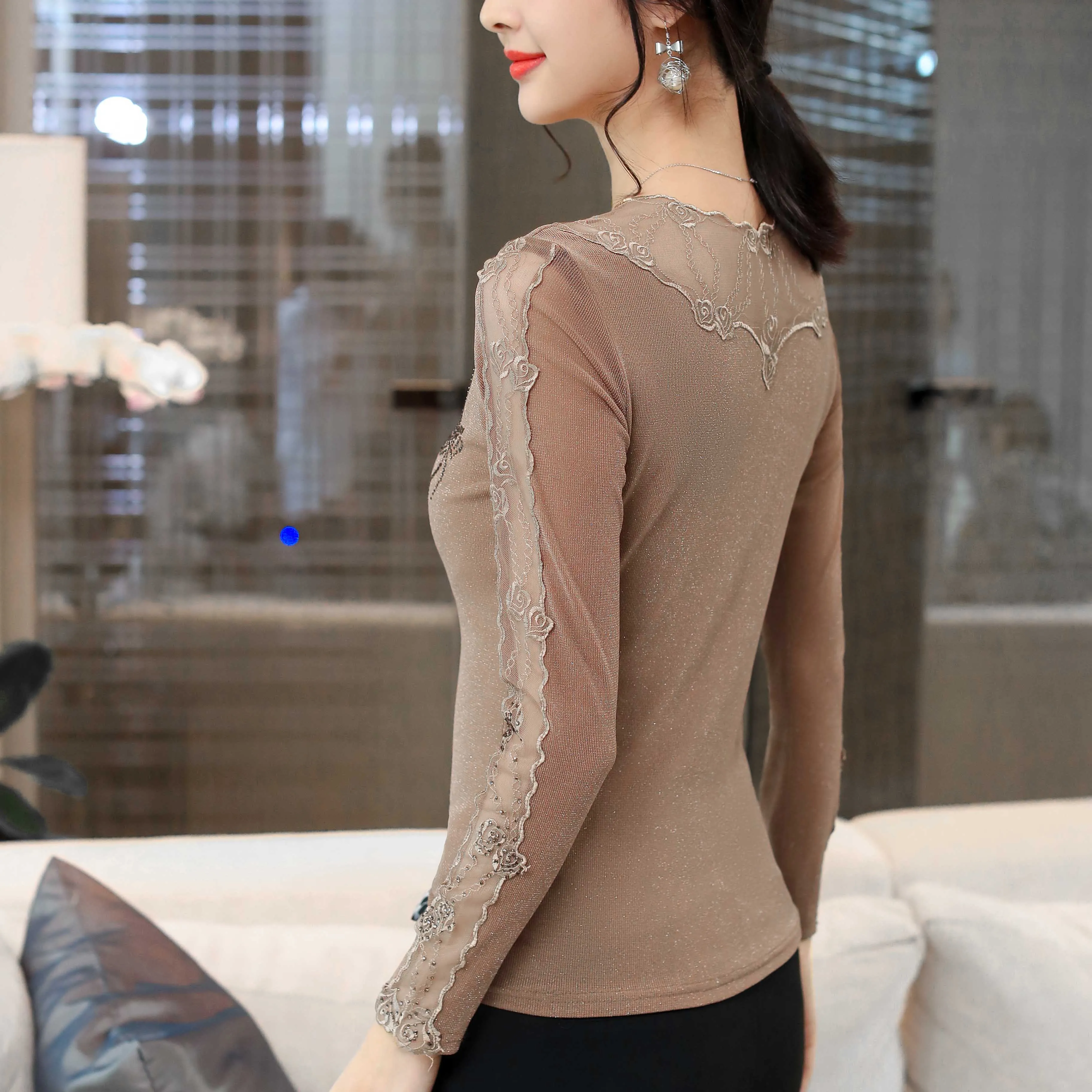 

2019 autumn mesh shirt slim women long sleeve lace blouse top casual 4XL plus size black elegant blouses women tops blusas