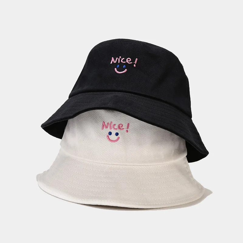 

New Bucket Hat Cotton Smiley Face Letter Embroidery Fisherman Hat for Women and Men Leisure Sun Protection Hat Couples Bob Hat