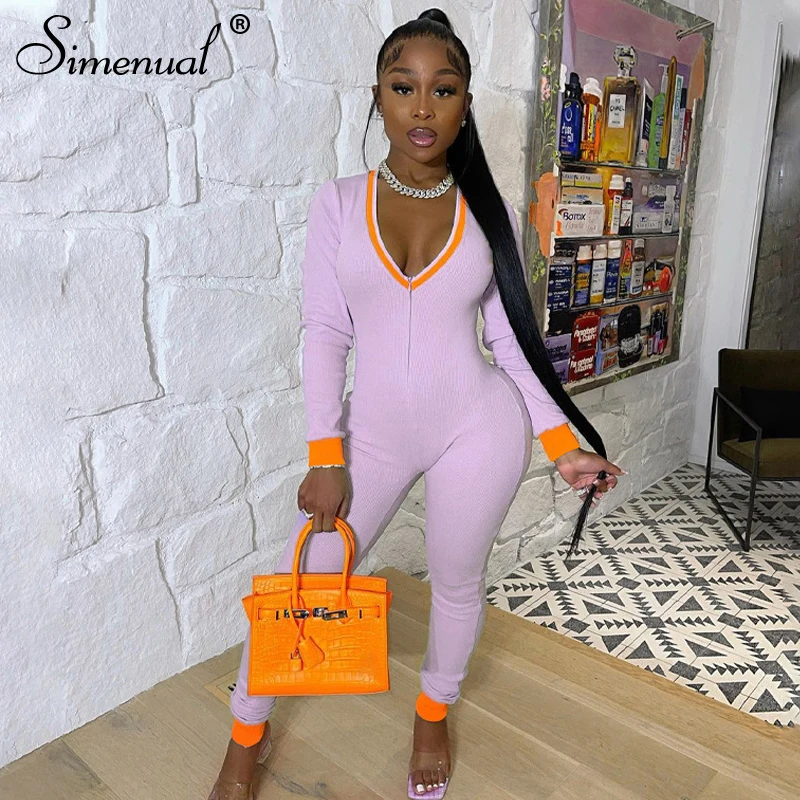 

Simenual V Neck Casual Ribbed Rompers Womens Jumpsuit Sporty Active Wear Patchwork Long Sleeve Overalls One Piece Outfit Fashion