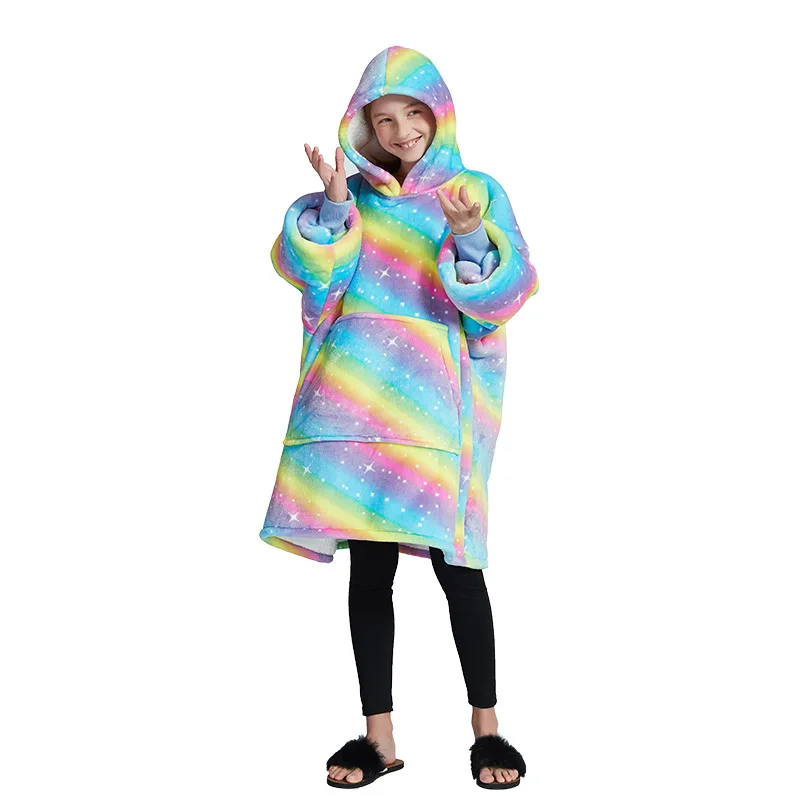 

Print Rainbow Lamb Cashmere Robe Lazy Blanket Kids Adult Winter Thick Flannel Sleepwear Nightgown Loose Hooded Home Clothes