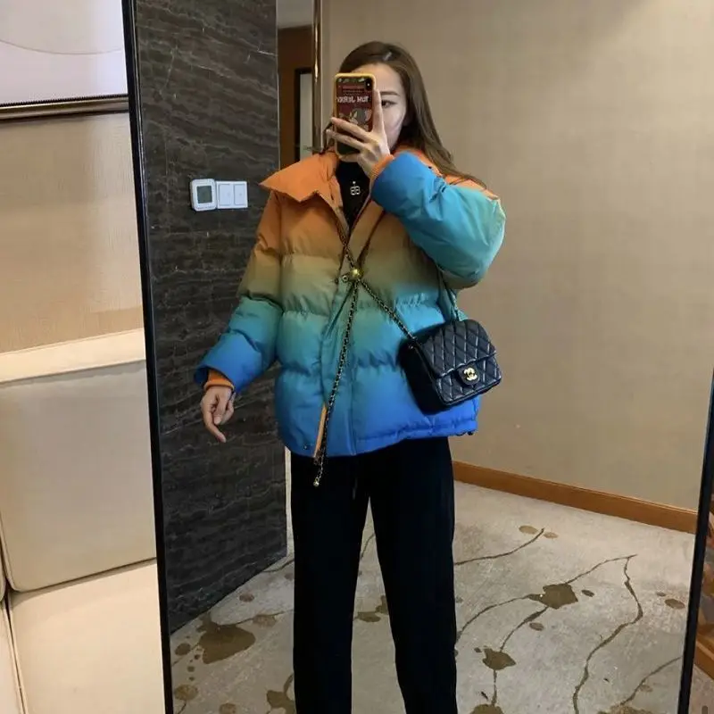 

Fashion Street Mix Color Puffer jacket Women Korean Stand Collar Cotton padded Coat Chic designer parka Winter Thicken Outwear