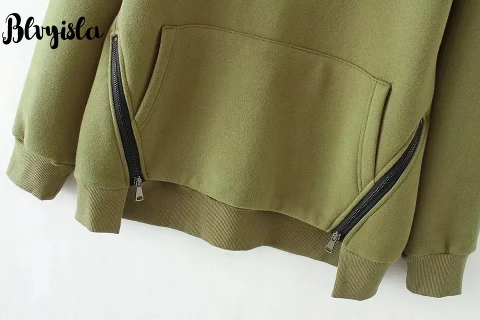 Пуловер с капюшоном и завязкой на молнии большими карманами|Женские толстовки