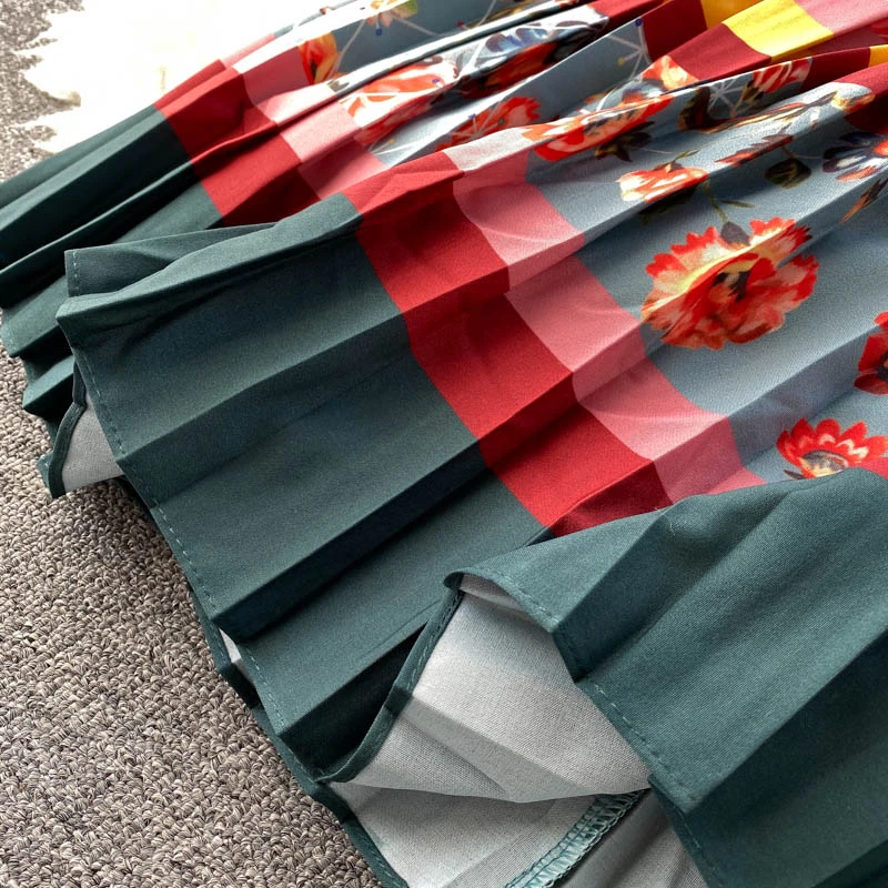 

Blue Mesh Lace Long Sleeve Bow Neck Floral Print Office Pleated Dress Elegant Women Fashion Spring Autumn Runway Dress