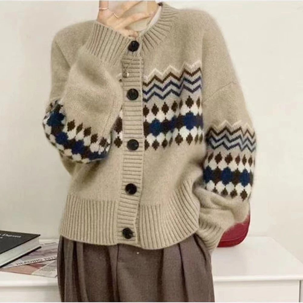 

Spring Autumn Women's Casual Long Sleeve Round Neck Knitted Sweater Geometric Print Single Breasted Knitted Jacket