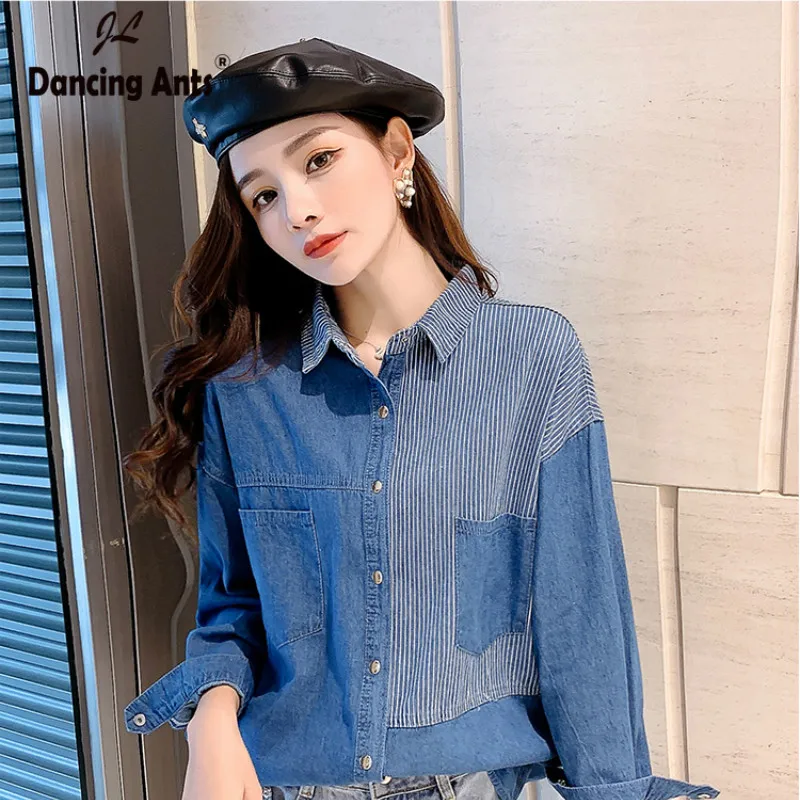 Джинсовая рубашка женская в стиле ретро винтажная блузка из денима с длинным