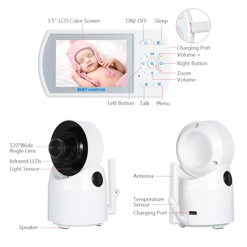 2020 Видеоняни и радионяни 3 5 ''ЖК-дисплей с 4 колыбельные Ночное видение 2-way Talk