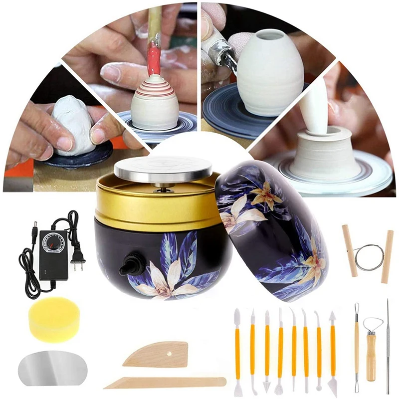 

Mini Pottery Wheel Machine, Adjustable Speed Mini Electric Pottery Machine with Tray 16-Piece DIY Clay Tool Set US Plug