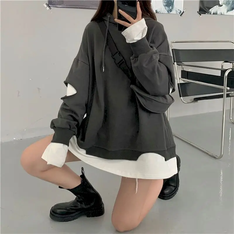 

Fake two pieces women hooded sweatshirts Korean solid color hole Hoodie oversized high street Harajuku loose stitch female top