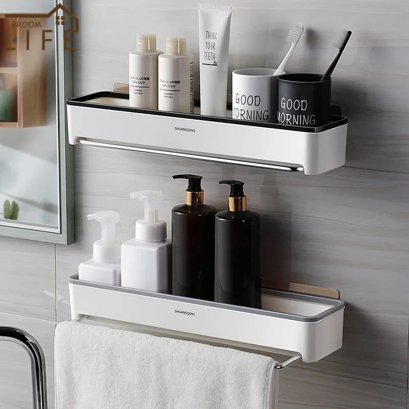 

Bathroom Shelf Towel Holder Extendable Hanger Shower Shampoo Rack Bath Organizer Kitchen Storage Basket White WC Floating Shelf