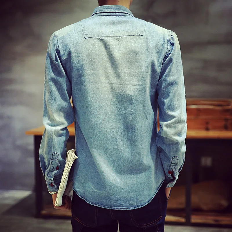 2019 мужские рубашки с длинными рукавами новые осенние светло голубые джинсовые