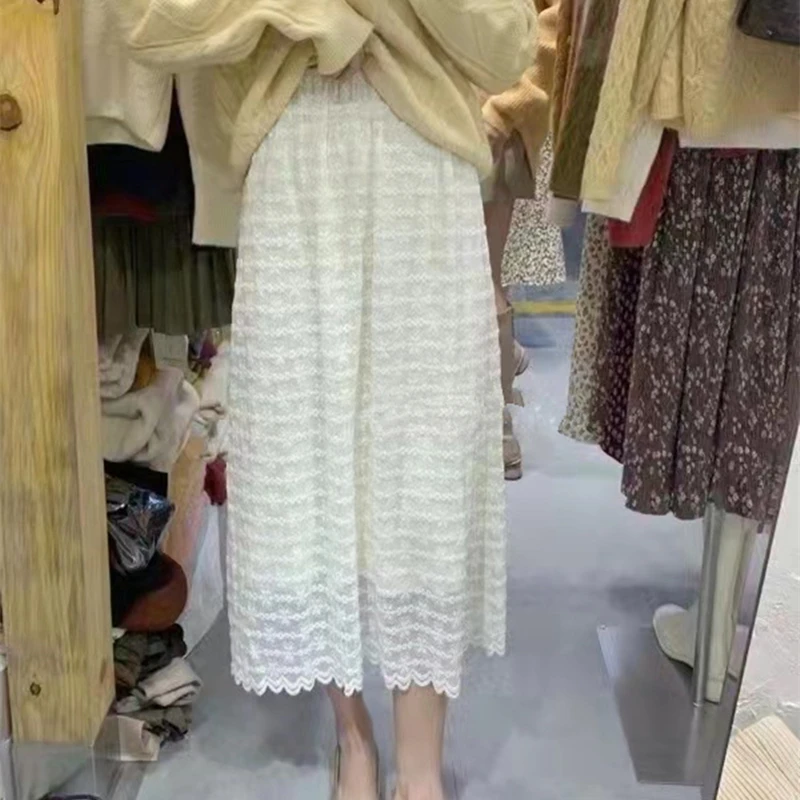 

Warm Long Lace Skirts Sweet Girl Lined with Plush Korean Style Long Elastic High Waist A-line Autumn and Winter Skirts BSQ568