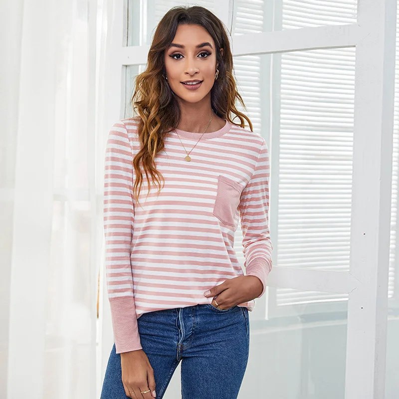 

LARCI New Women 's Clothing Loose T-shirt Round Neck Striped Contrast Color Pocket Long Sleeve 2021 Autumn and Winter