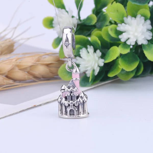  925 Sterling Silver Beads Charm Pink Castle Enamel Pendent Fit Pandora Original Bracelets &amp Necklaces Women Jewelry | Украшения и