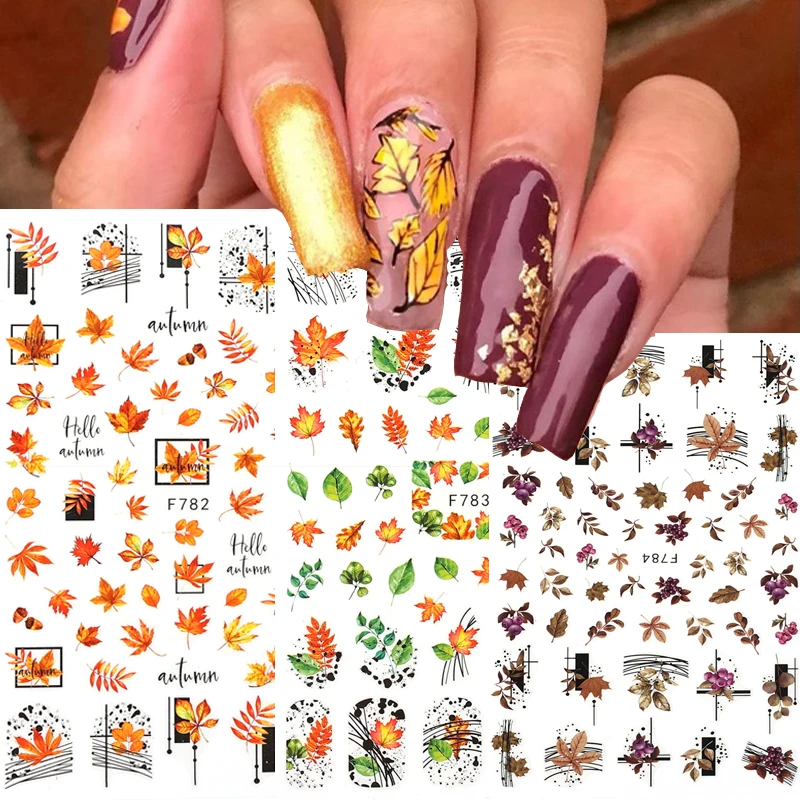 

3D Autumn Nail Stickers Geometric Maple Leaf Flower Mountain Nail Stickers Transfer Adhesive Nail Decal Nail Accessories 1pc