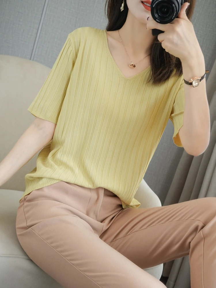 Женская футболка с V-образным вырезом свитер коротким рукавом топы из 100% хлопка
