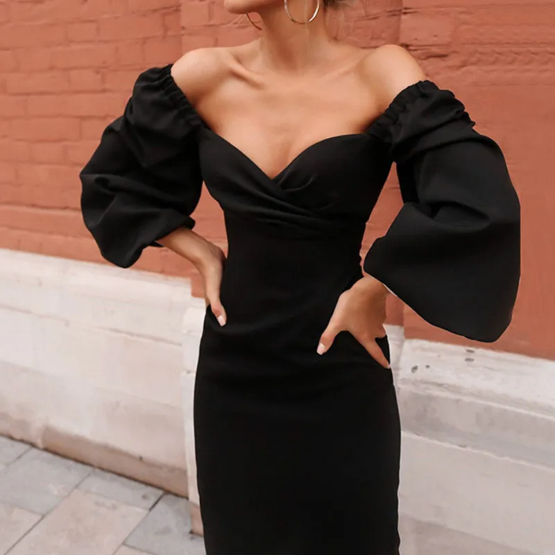 

Women Autumn V Neck Party Dress 2020 New Off Shoulder Bodycon Vintage Dress Fashion Solid Club Night Elegant Midi Skirt