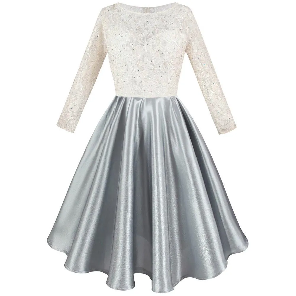 

Women's Beading Floral Lace Satin Transparent Long Sleeves Short Prom Cocktail Dresses White Gray Sheer Party Dress