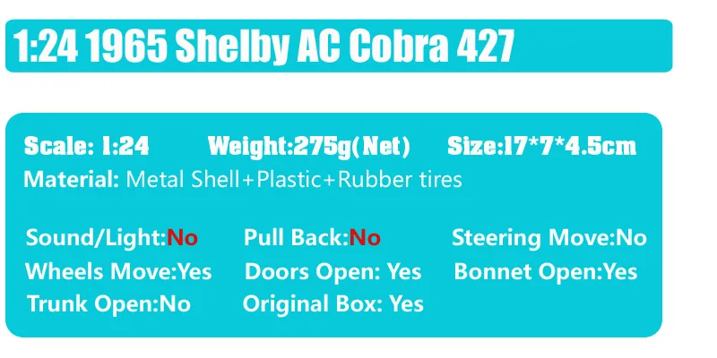 1:24 Детские Классические винтажные модели 1965 ford AC Shelby Cobra 427 roadster Diecasts& Toy Vehicles металлические игрушечные модели машин
