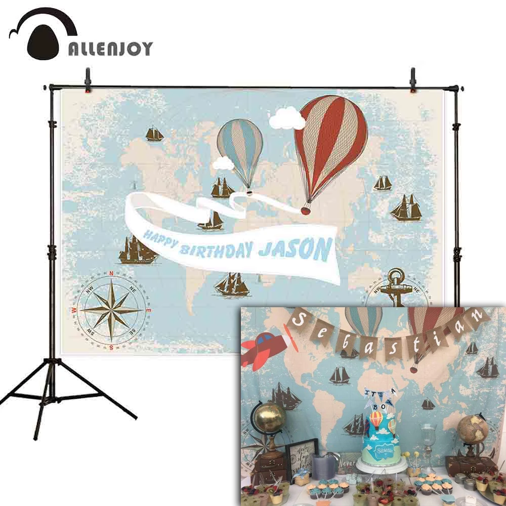 Фон Allenjoy с днем рождения карта мира пароходы якорь гелиевые шары облака фотозона