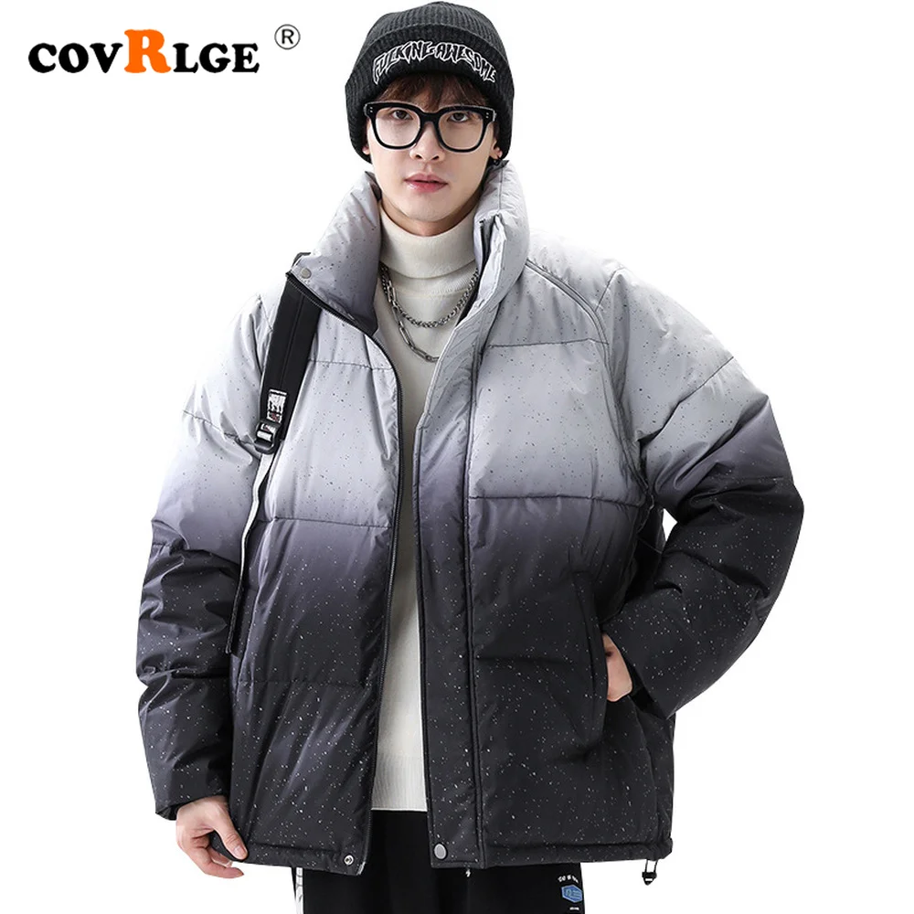 Covrlge Winter Men's Down Jacket Gradient Color New Stand-up Collar Loose Warm Personality Tide Brand Jacket Coat Male MWY045