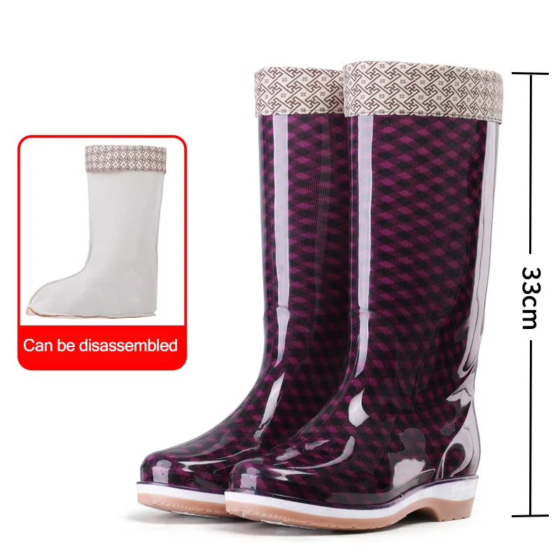 Высокие резиновые сапоги женская модная обувь в клетку до середины икры женские
