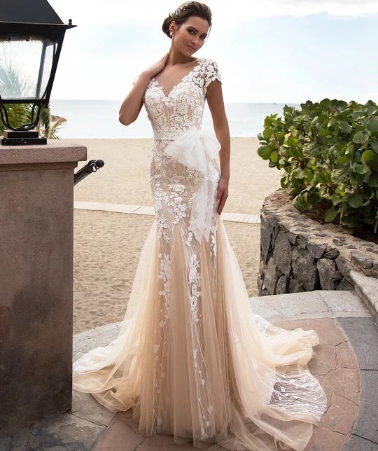 

Sexy New Mermaid Boho Wedding Dress 2020 Short Sleeves Court Train Appliques Lace Tulle Bride Gowns Vestido de noiva longo