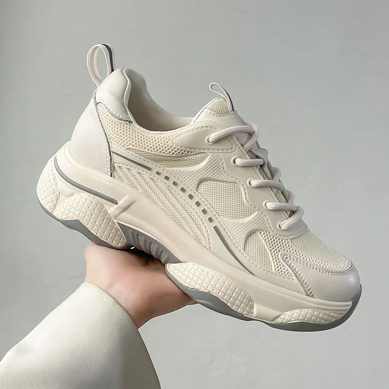 

Chunky Sneakers Women High Quality Genuine Leather Patchwork Lace Up Round Toe Platform Thick Bottom Casual Sports White Shoes