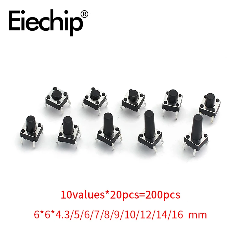 200pcs/lot 10 value Mini Button Switch kit 6*6 rice cooker / telephone PCB board maintenance use 6x6x4.3 Keys | Электронные